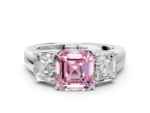White gold Three-Stone Fancy Pink Asscher Cut Cut Diamond Ring with Prong Setting and Classic Band