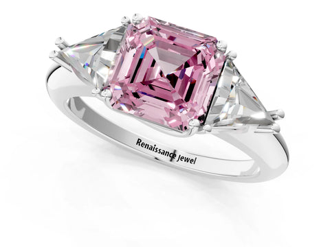 White gold Three-Stone Fancy Pink Asscher Cut Cut Diamond Ring with Trillion Side Stones and Four-Prong Setting_12