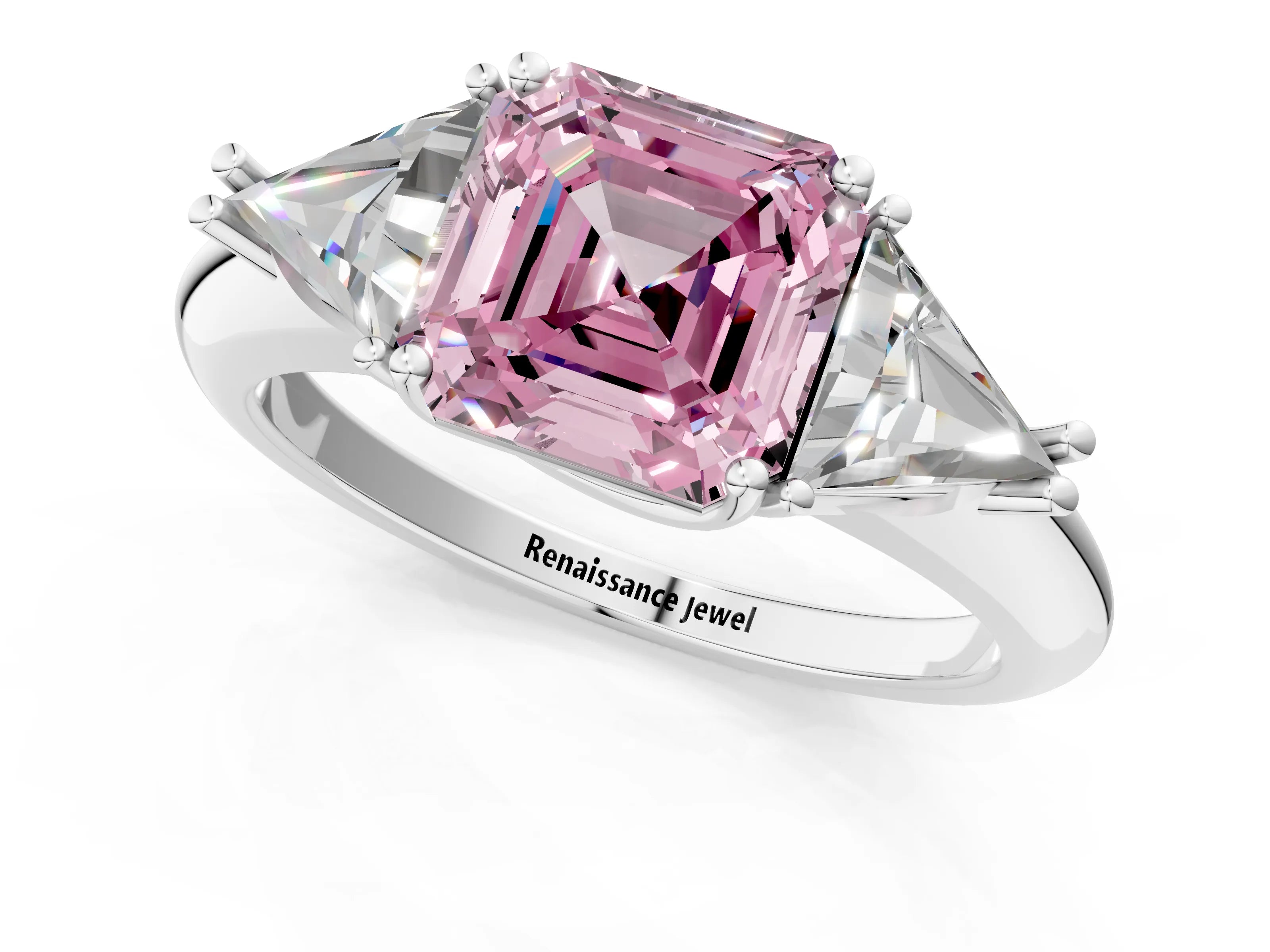 White gold Three-Stone Fancy Pink Asscher Cut Cut Diamond Ring with Trillion Side Stones and Four-Prong Setting_12