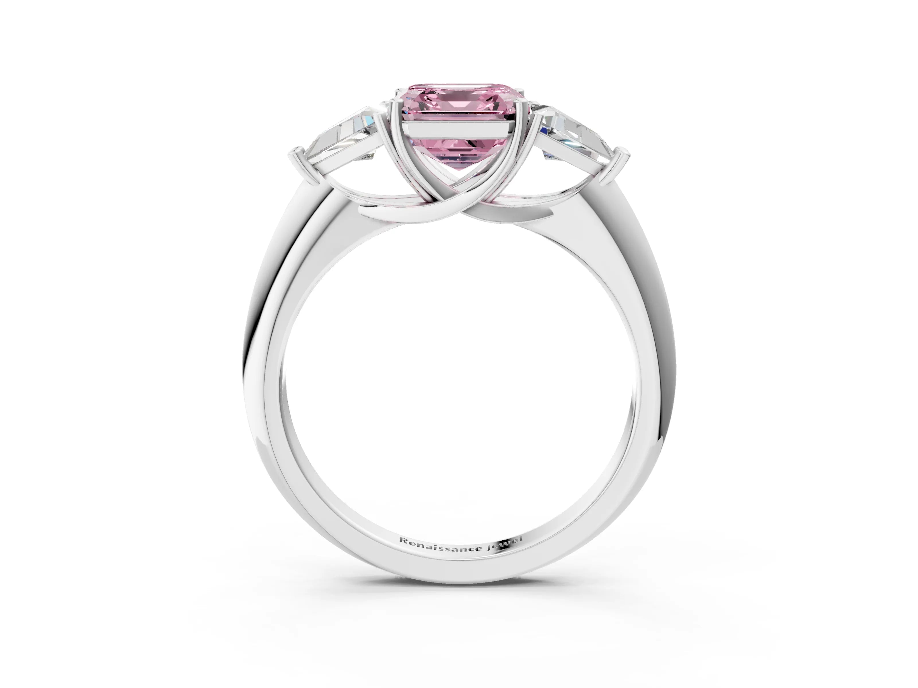 White gold Three-Stone Fancy Pink Asscher Cut Cut Diamond Ring with Trillion Side Stones and Four-Prong Setting_14