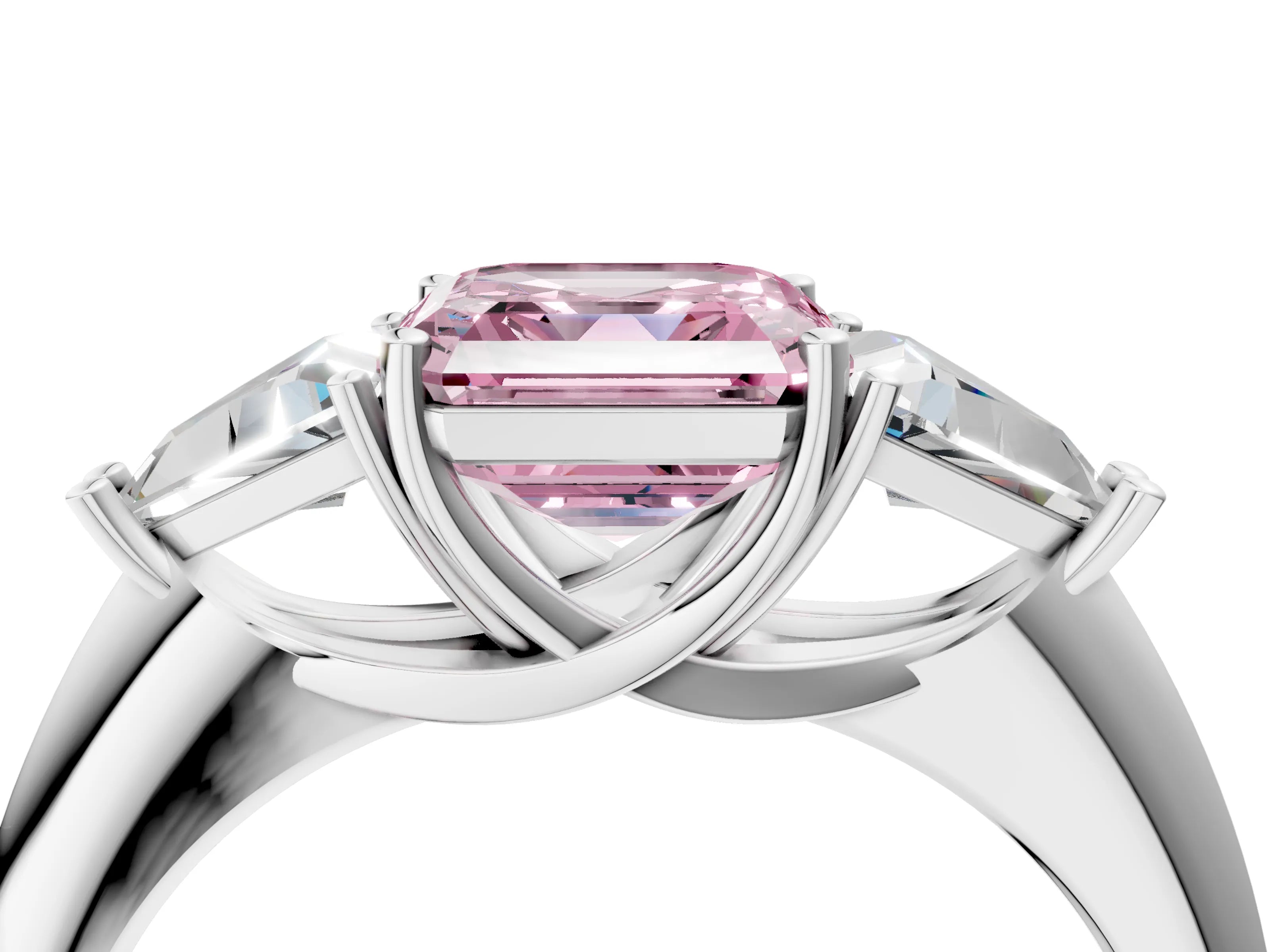 White gold Three-Stone Fancy Pink Asscher Cut Cut Diamond Ring with Trillion Side Stones and Four-Prong Setting_15
