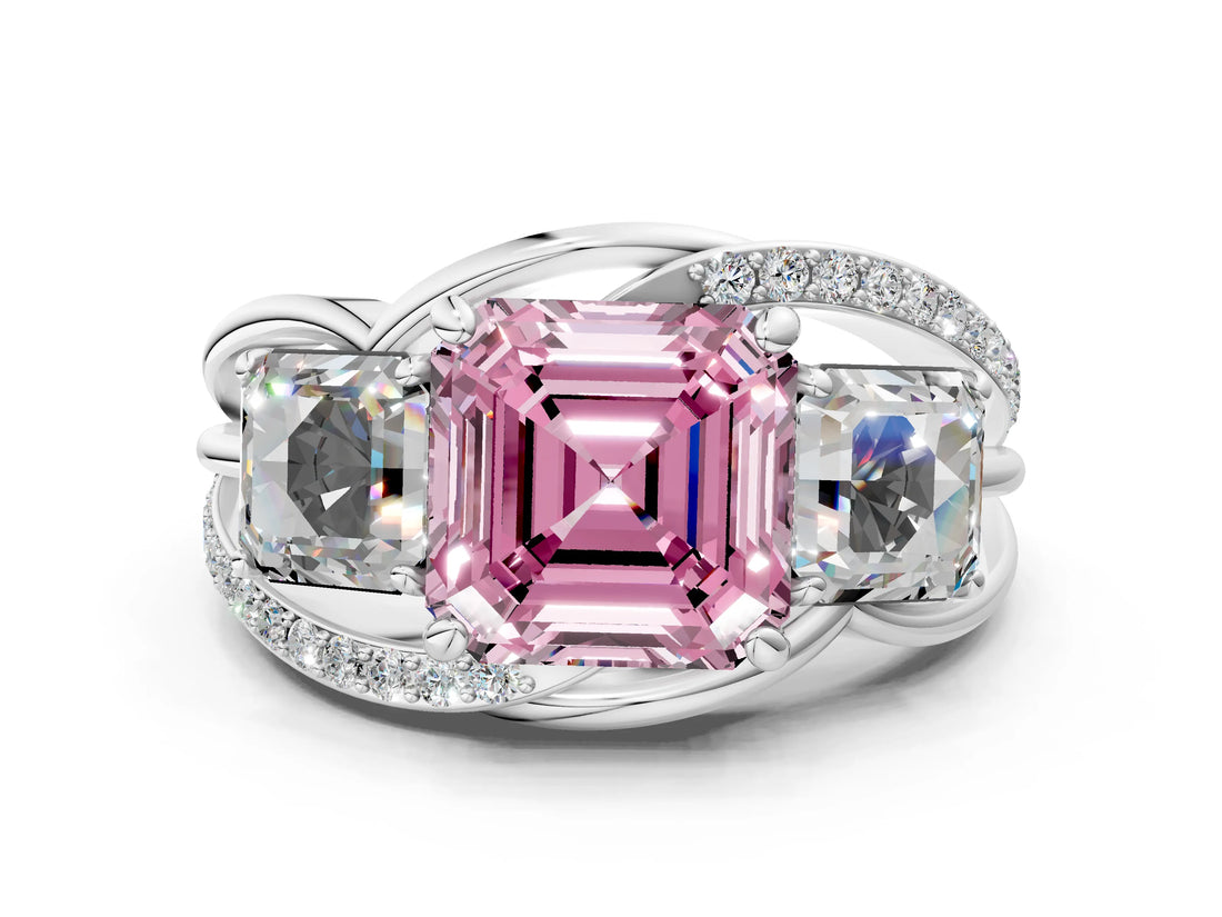 White gold Three-Stone Fancy Pink Asscher Cut Cut Diamond Split Shank Prong Set Ring_12