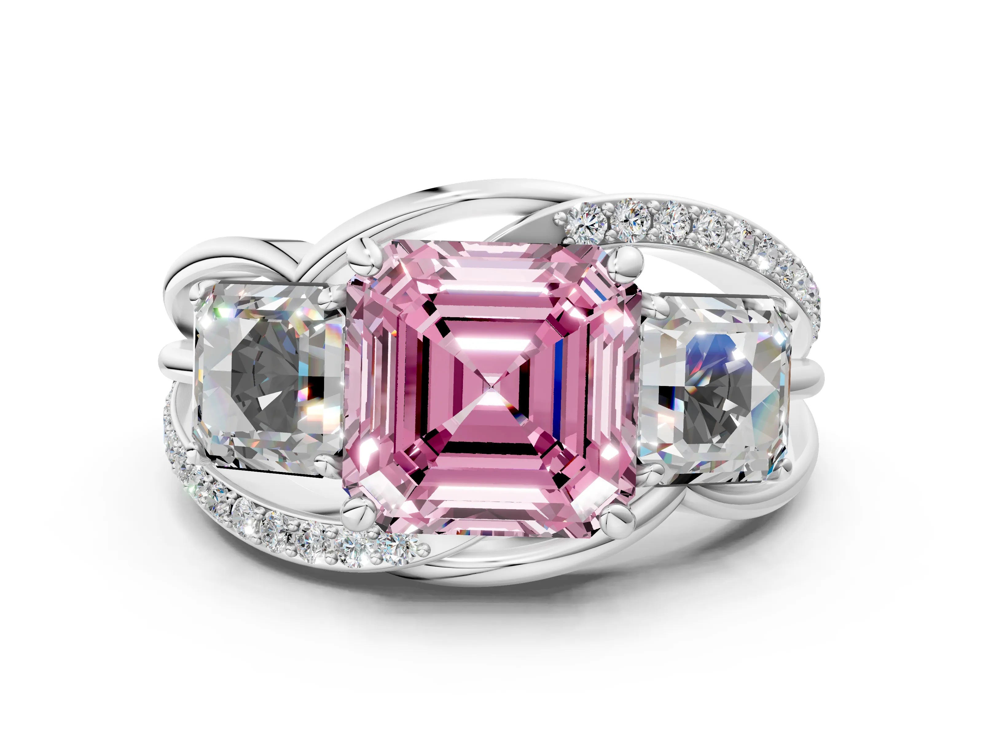 White gold Three-Stone Fancy Pink Asscher Cut Cut Diamond Split Shank Prong Set Ring_24