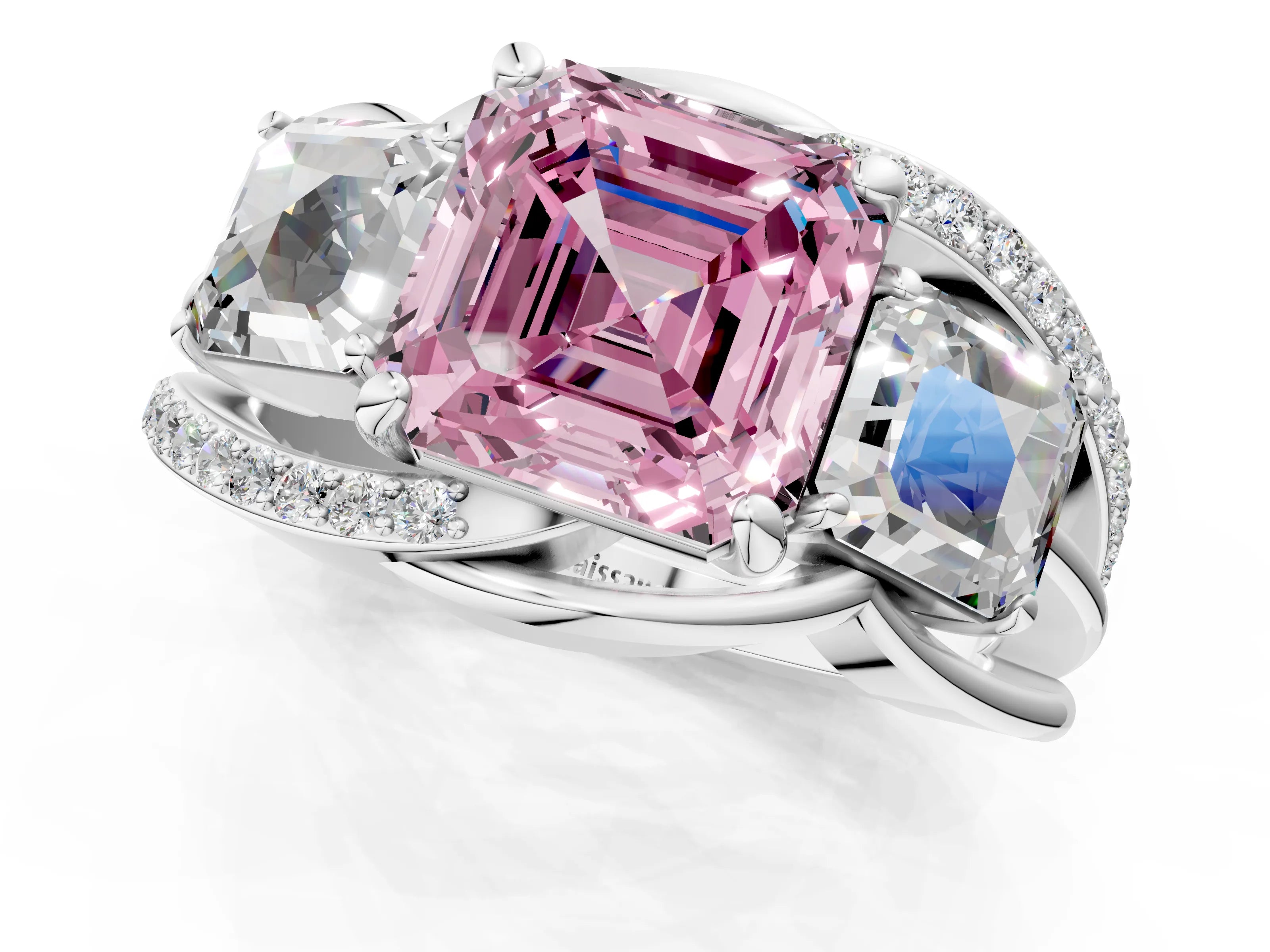 White gold Three-Stone Fancy Pink Asscher Cut Cut Diamond Split Shank Prong Set Ring_25