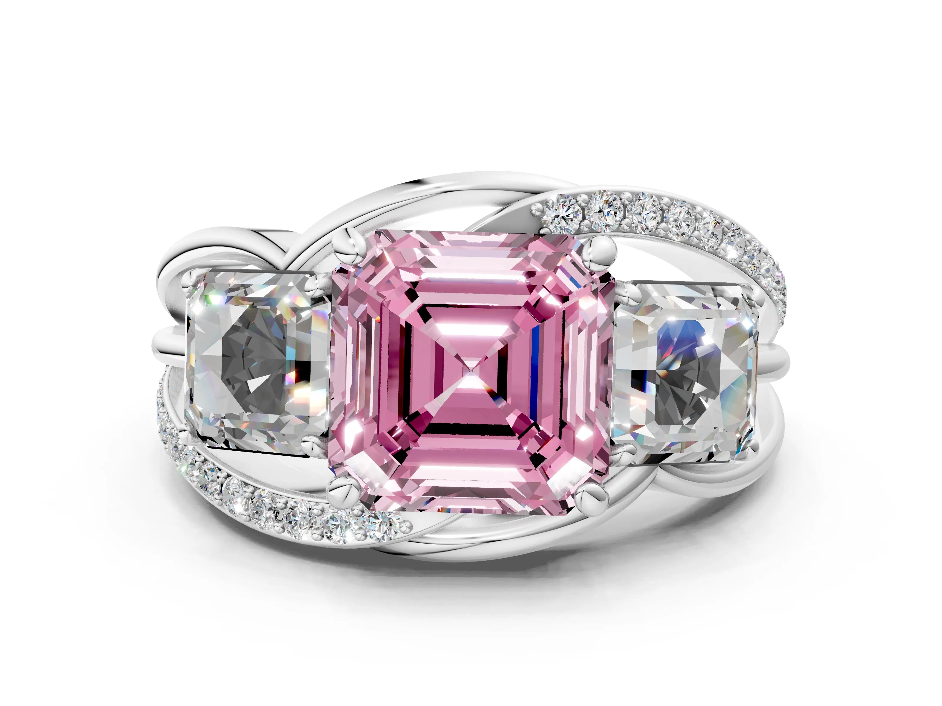 White gold Three-Stone Fancy Pink Asscher Cut Cut Diamond Split Shank Prong Set Ring