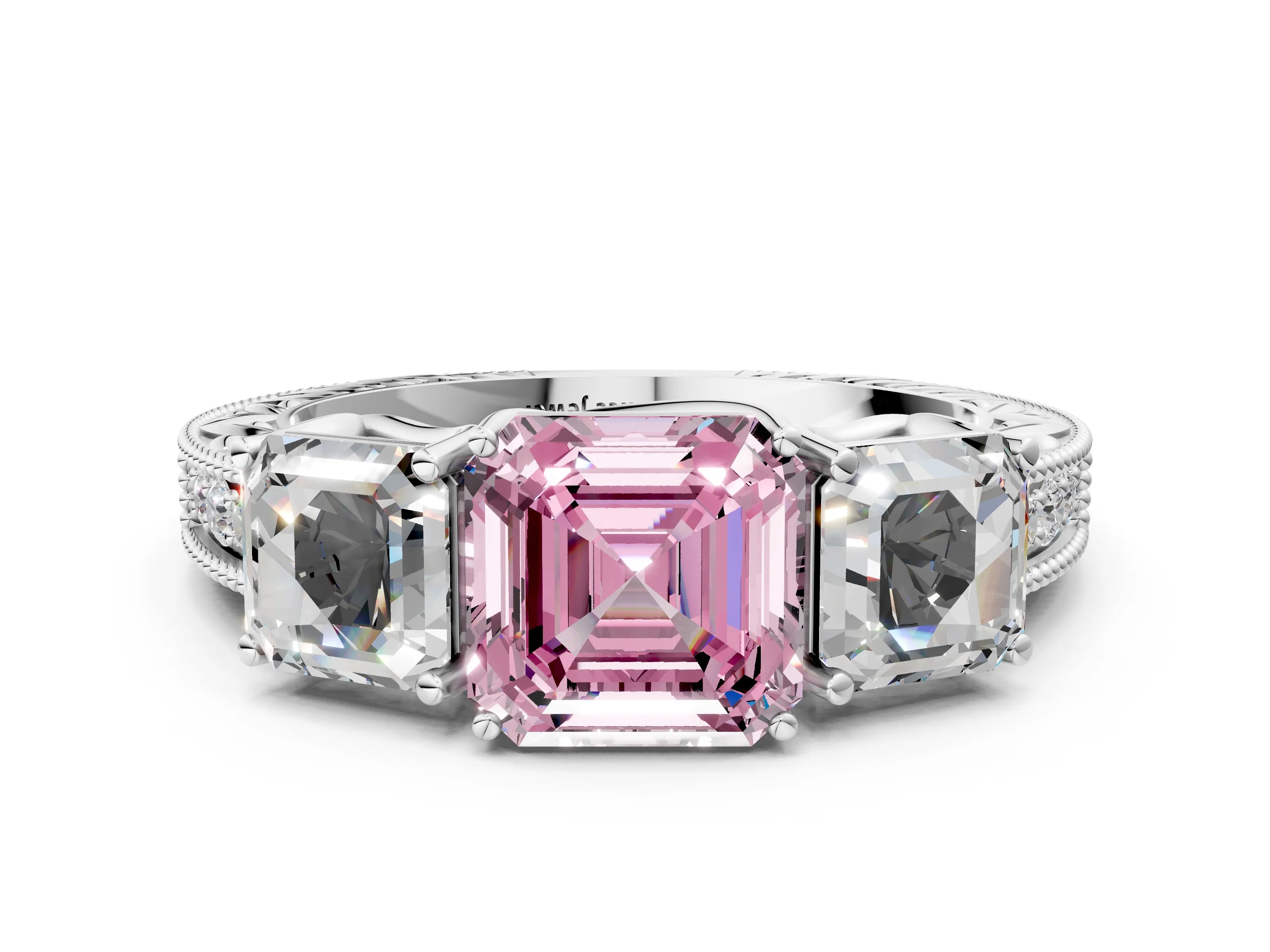White gold Three-Stone Fancy Pink Asscher Cut Cut Milgrain Pavé Engagement Ring_12