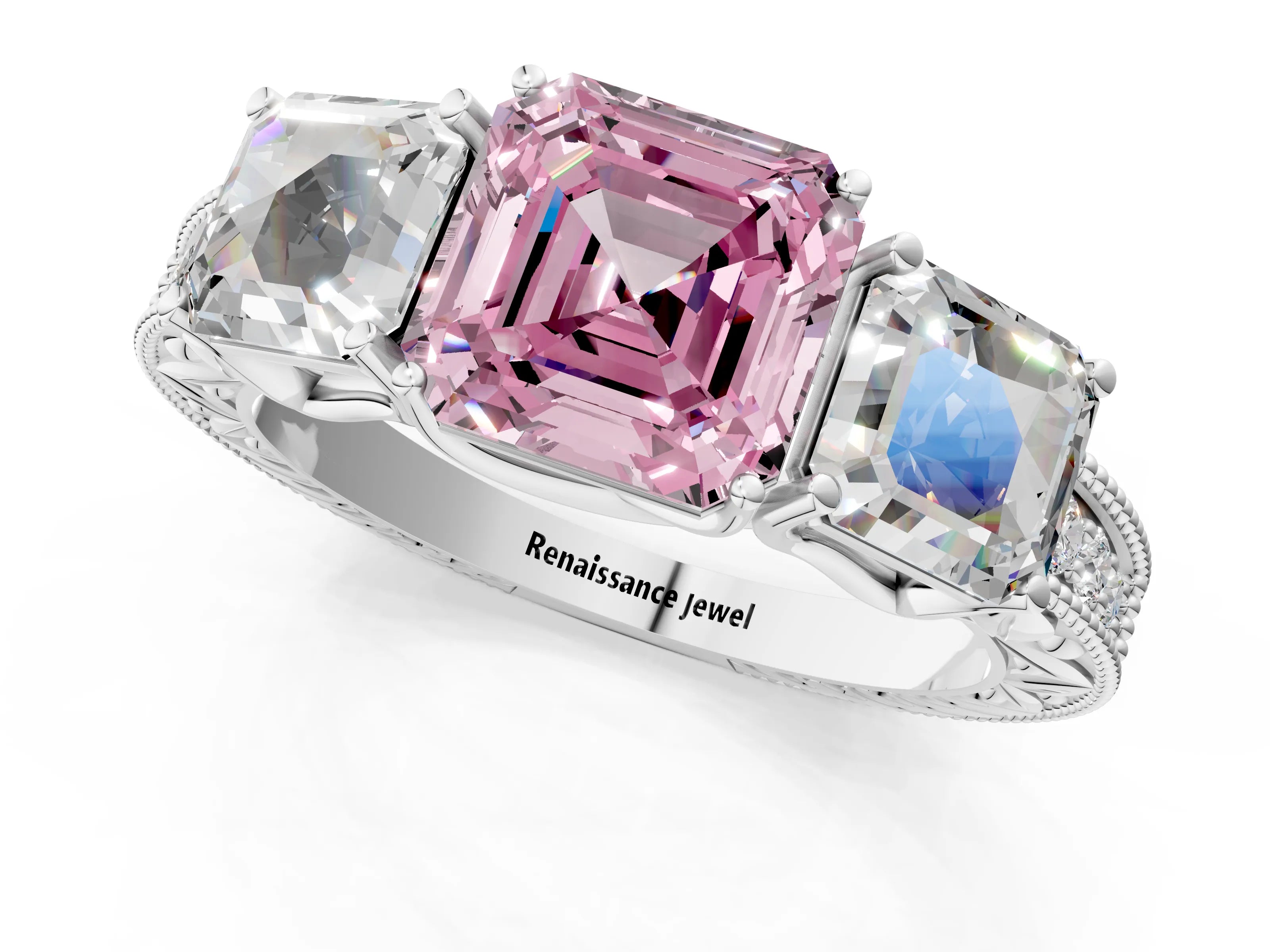 White gold Three-Stone Fancy Pink Asscher Cut Cut Milgrain Pavé Engagement Ring_13