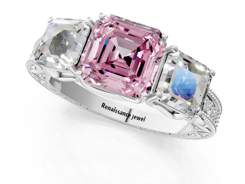 White gold Three-Stone Fancy Pink Asscher Cut Cut Milgrain Pavé Engagement Ring_13