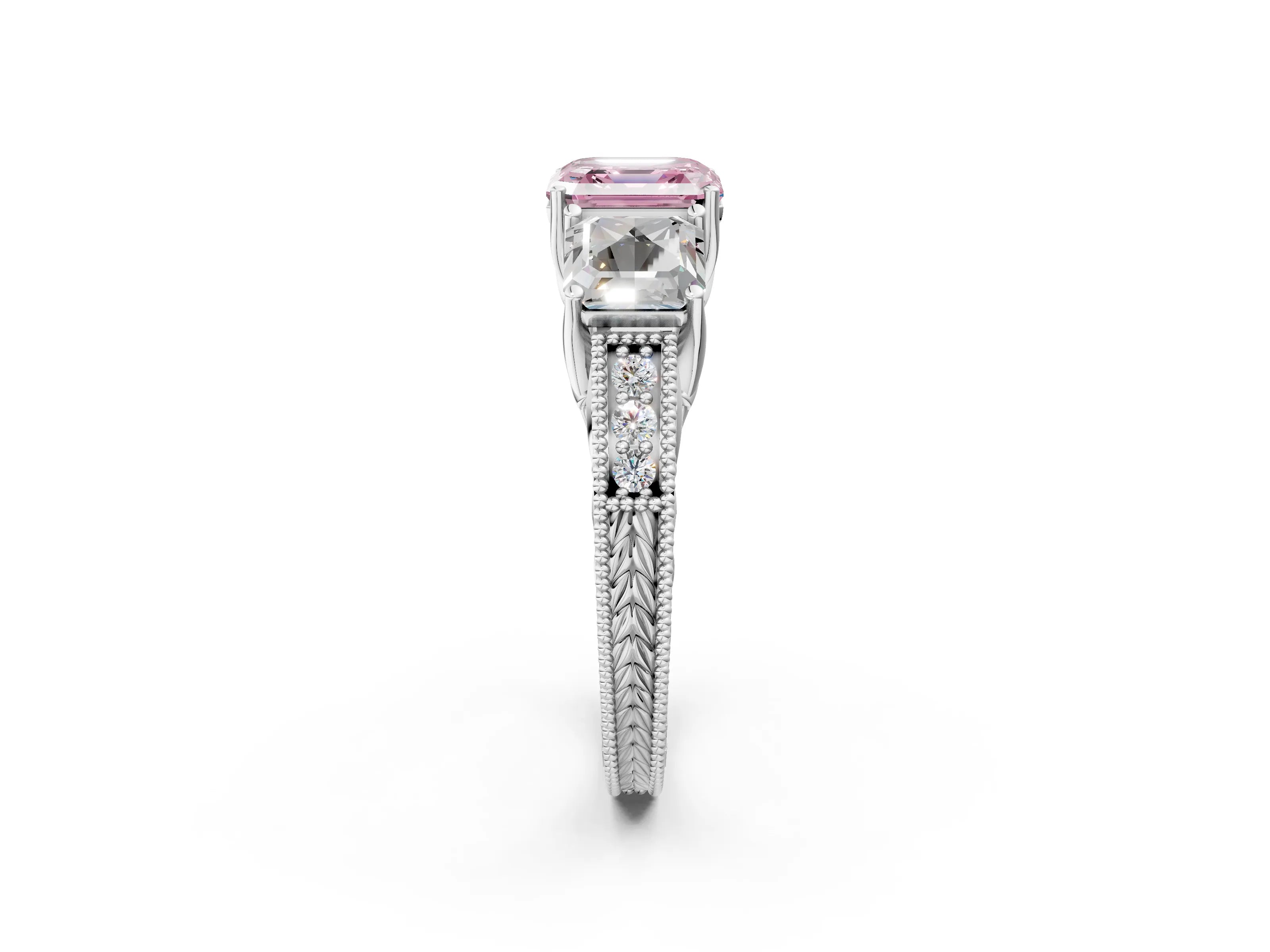 White gold Three-Stone Fancy Pink Asscher Cut Cut Milgrain Pavé Engagement Ring_14