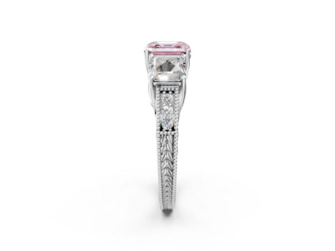 White gold Three-Stone Fancy Pink Asscher Cut Cut Milgrain Pavé Engagement Ring_14