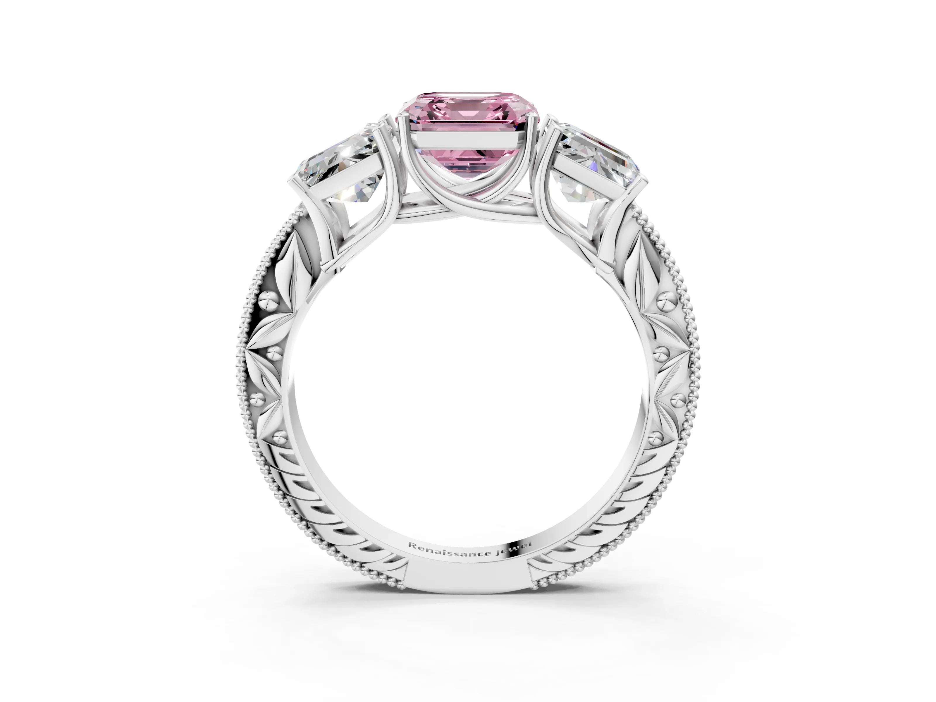 White gold Three-Stone Fancy Pink Asscher Cut Cut Milgrain Pavé Engagement Ring_15