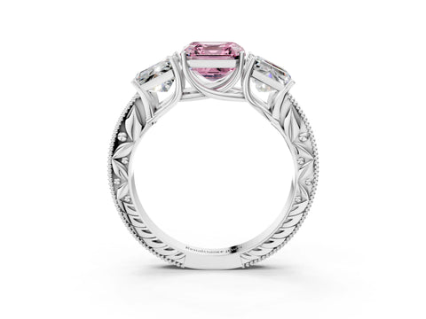 White gold Three-Stone Fancy Pink Asscher Cut Cut Milgrain Pavé Engagement Ring_15