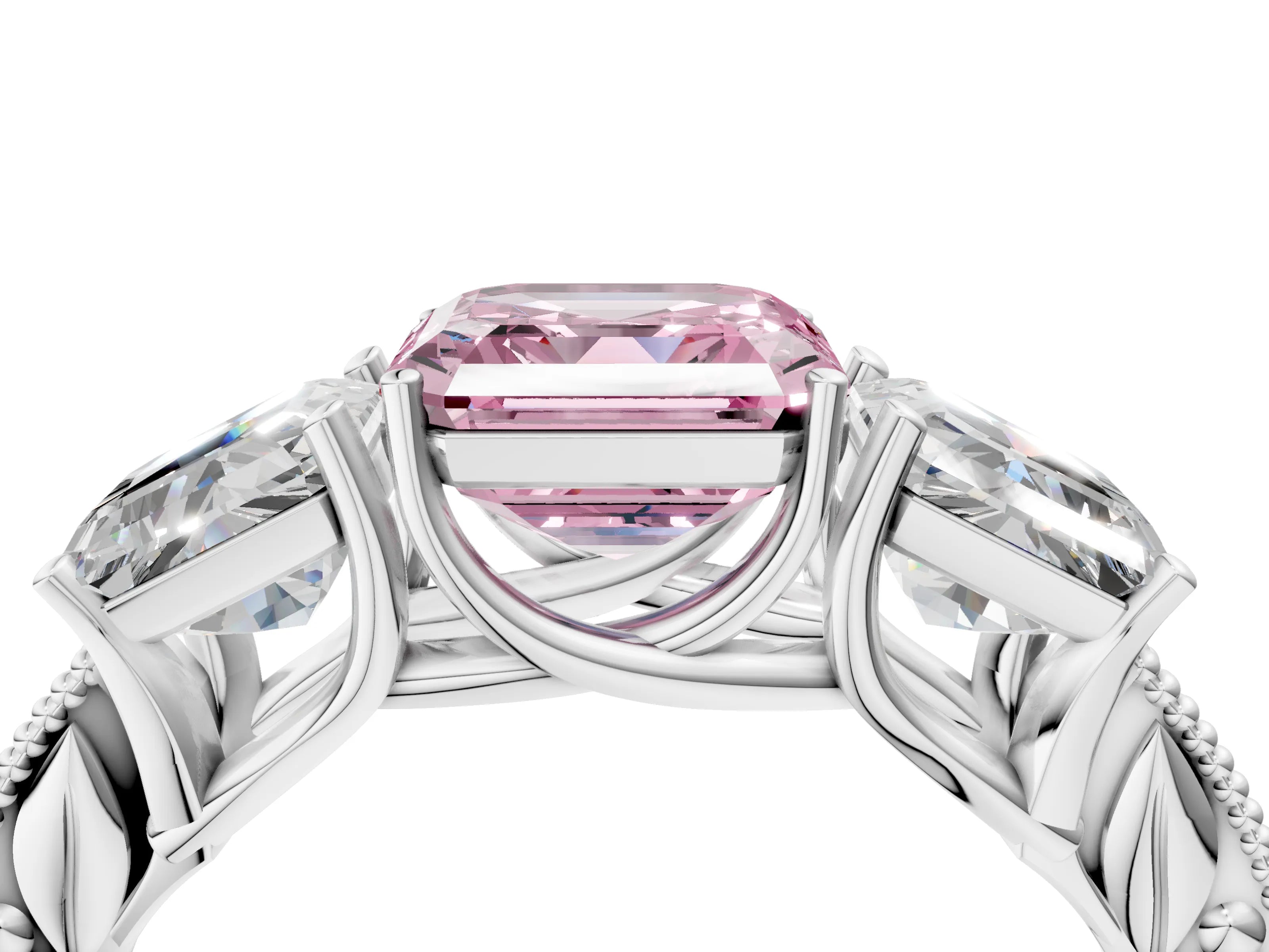 White gold Three-Stone Fancy Pink Asscher Cut Cut Milgrain Pavé Engagement Ring_16