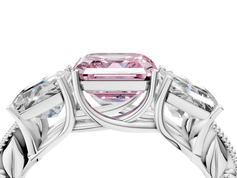 White gold Three-Stone Fancy Pink Asscher Cut Cut Milgrain Pavé Engagement Ring_16