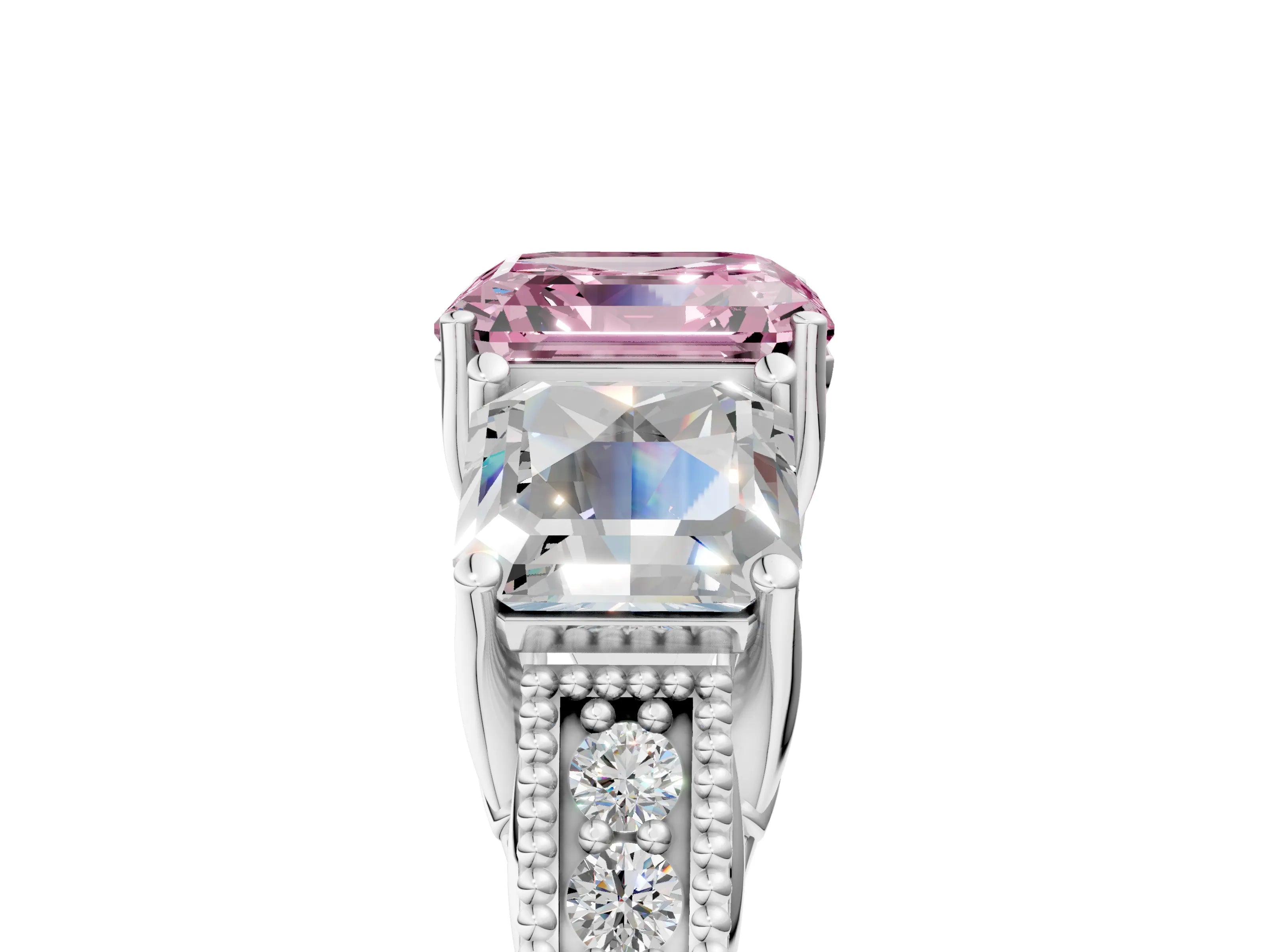 White gold Three-Stone Fancy Pink Asscher Cut Cut Milgrain Pavé Engagement Ring_17