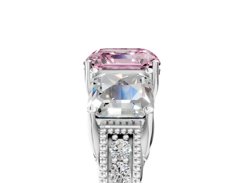 White gold Three-Stone Fancy Pink Asscher Cut Cut Milgrain Pavé Engagement Ring_17