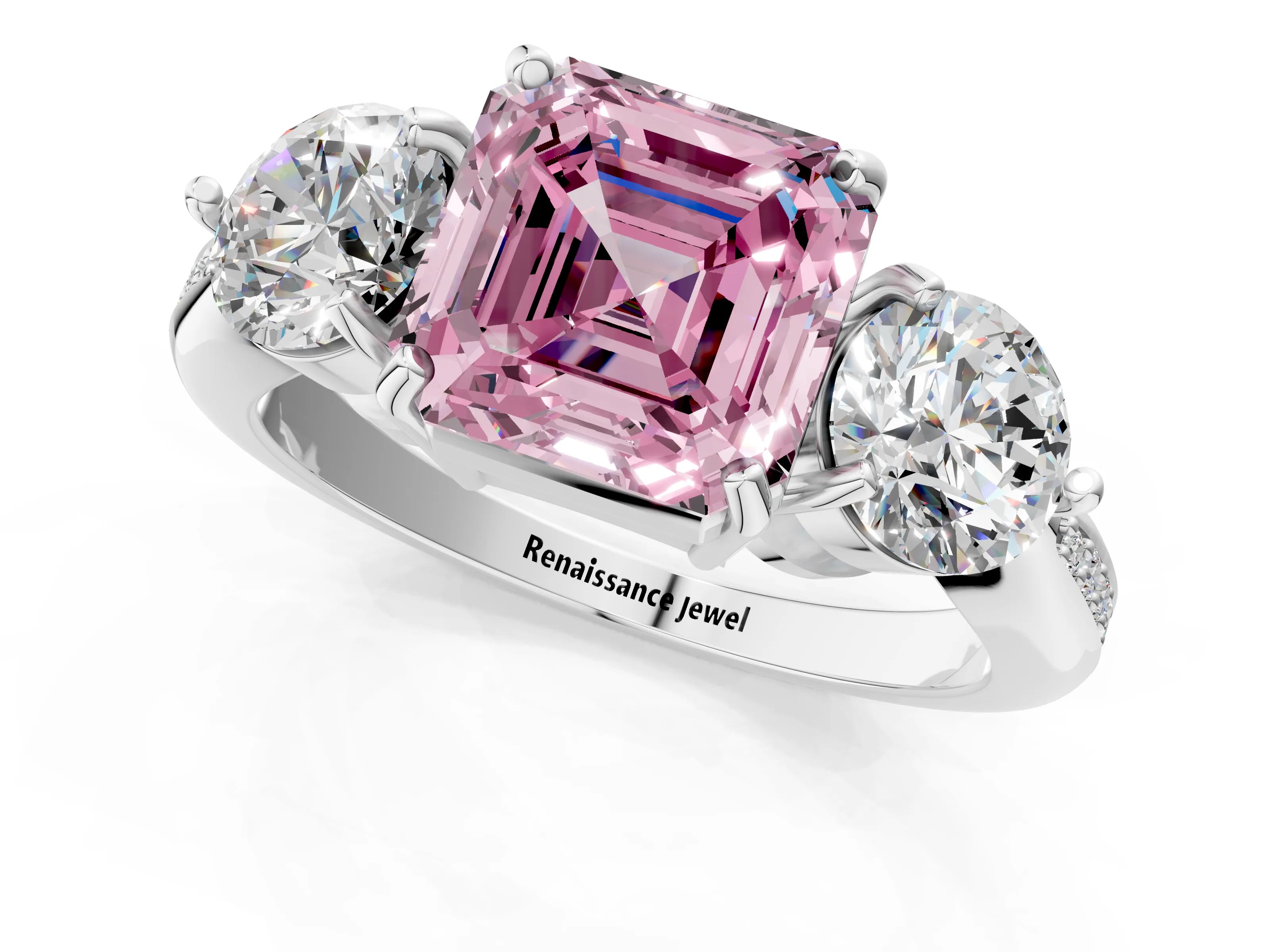 White gold Three-Stone Fancy Pink Asscher Cut Diamond Channel Set Engagement Ring with Prong Setting_1