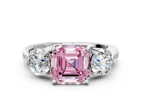 White gold Three-Stone Fancy Pink Asscher Cut Diamond Channel Set Engagement Ring with Prong Setting