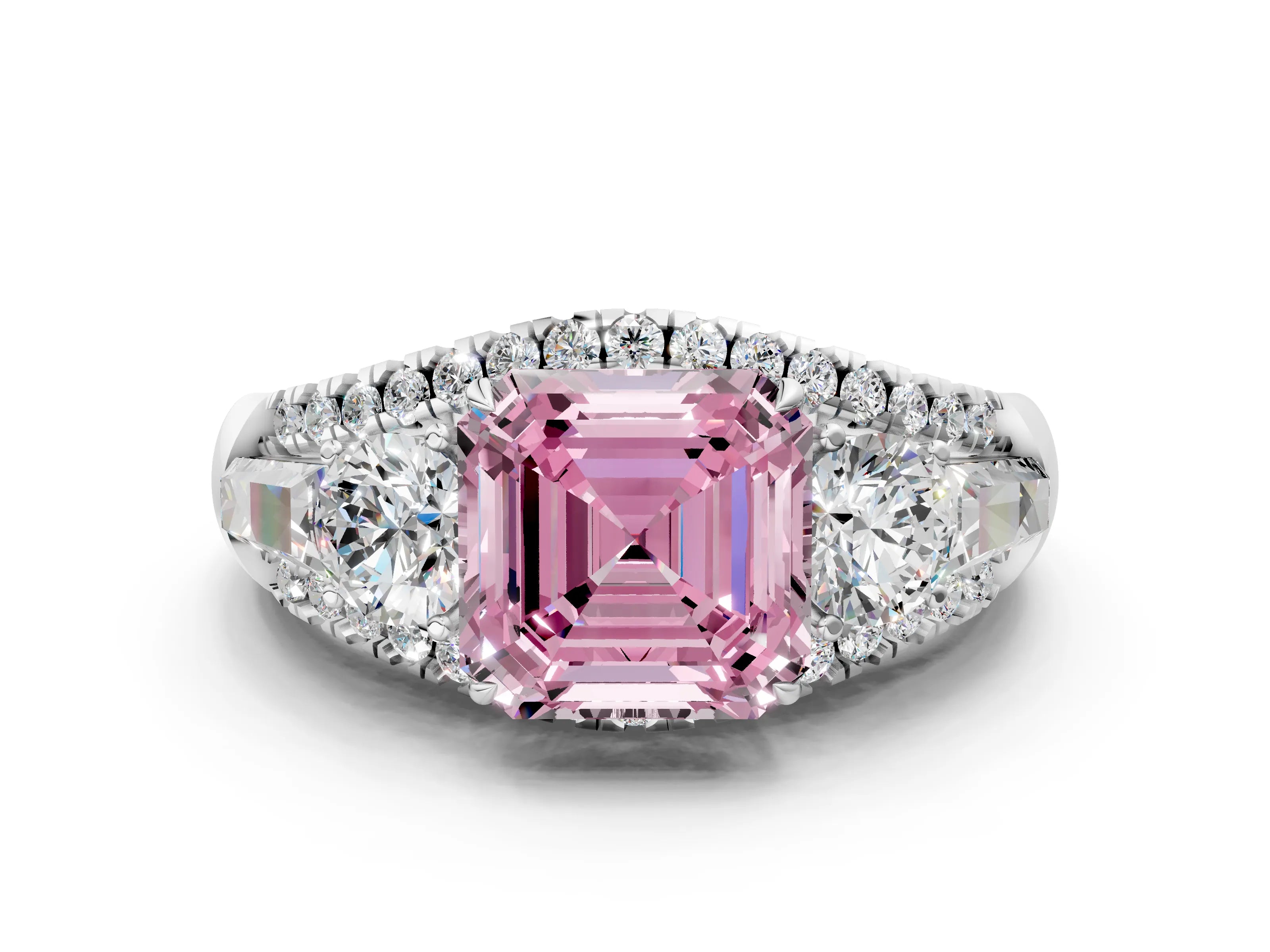 White gold Three-Stone Fancy Pink Asscher Cut Diamond Engagement Ring with Pave Band and Prong Setting