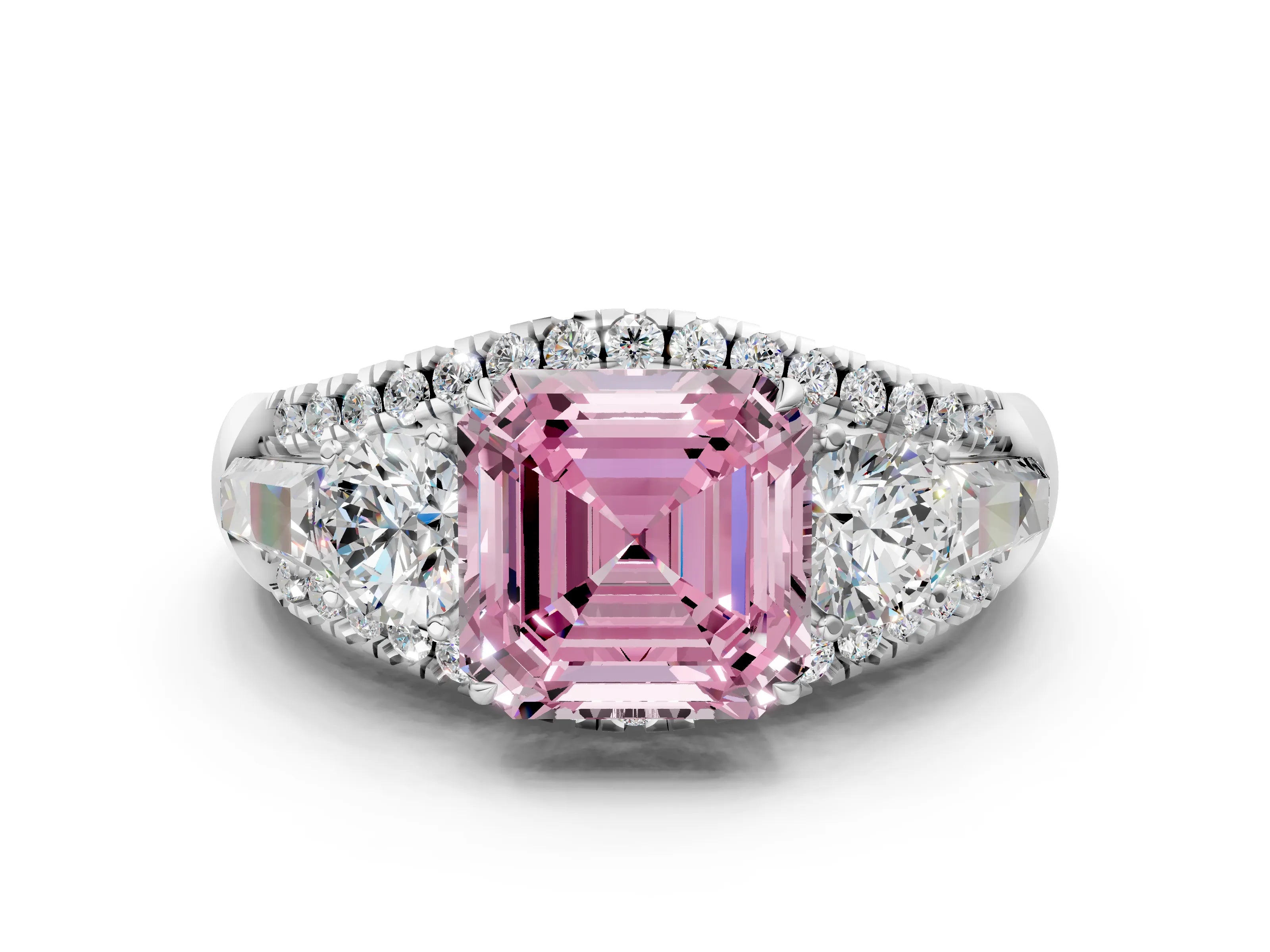 White gold Three-Stone Fancy Pink Asscher Cut Diamond Engagement Ring with Pave Band and Prong Setting_12