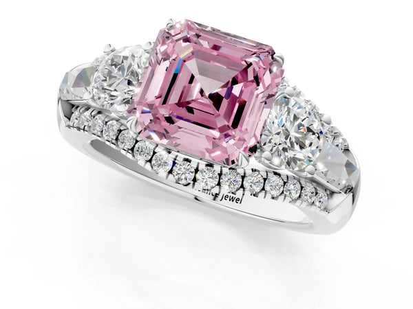 White Gold Asscher Cut Five Stone Baguette Engagement Ring Setting for Fancy Pink Center