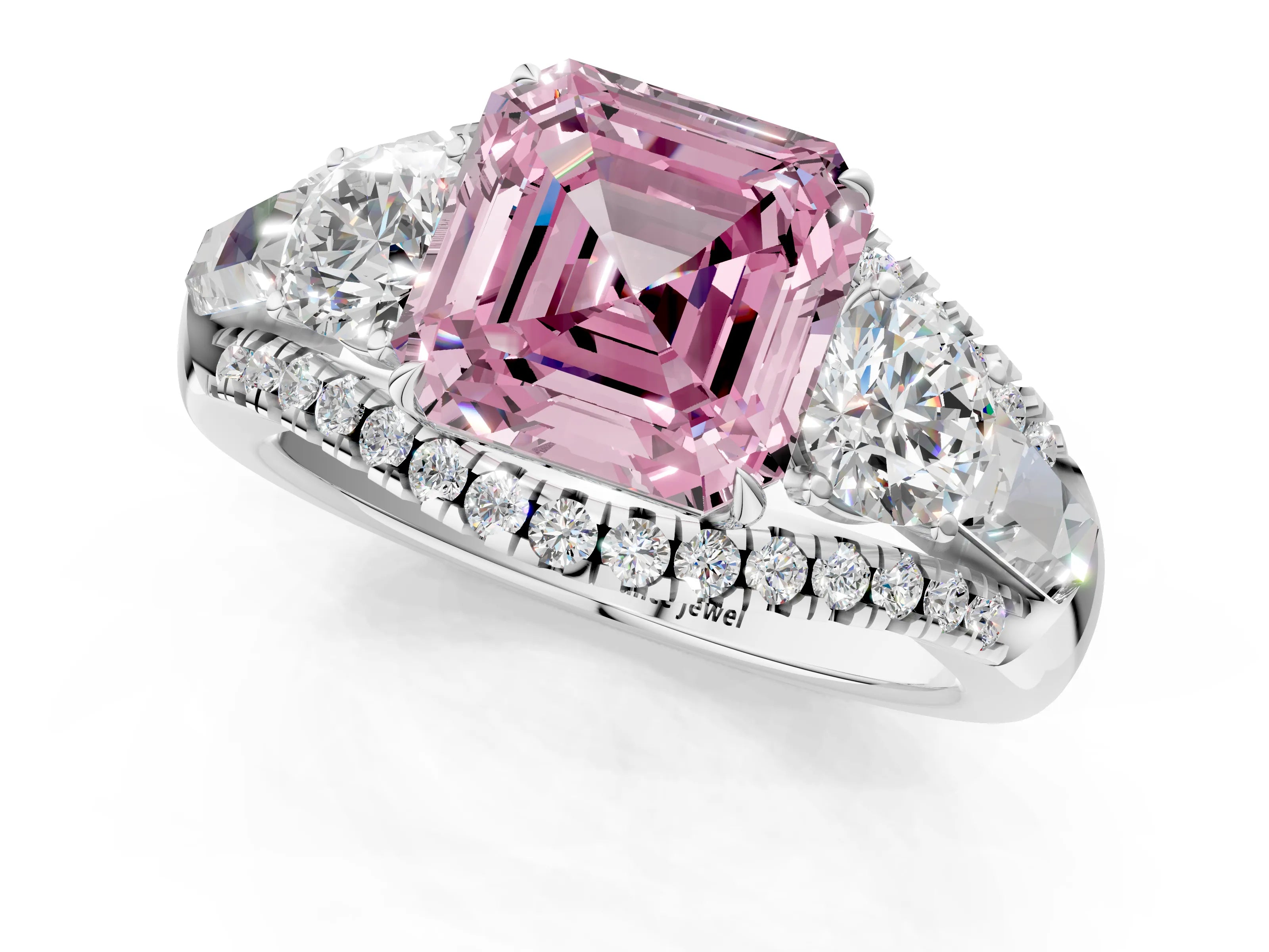 White gold Three-Stone Fancy Pink Asscher Cut Diamond Engagement Ring with Pave Band and Prong Setting_13