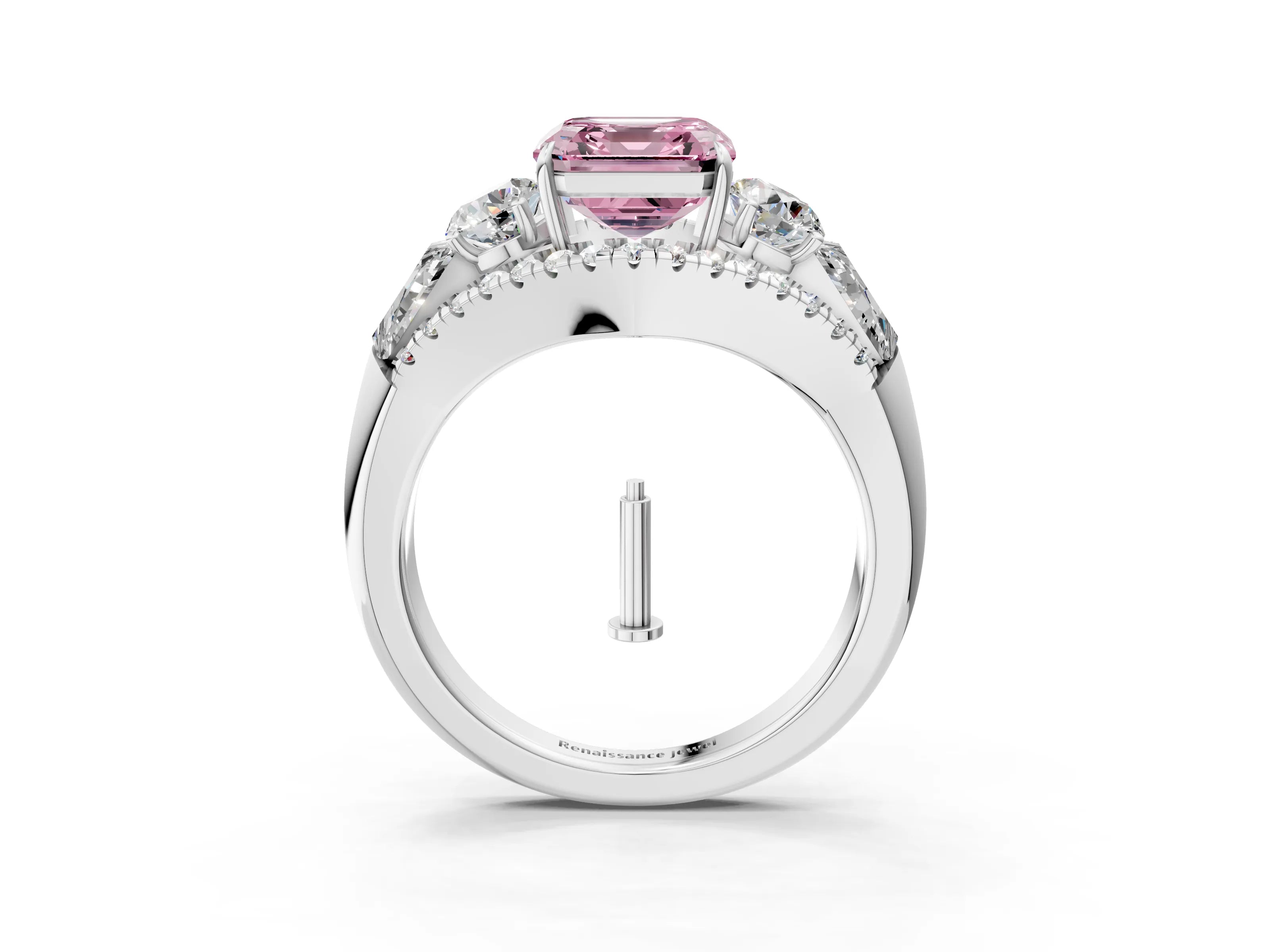 White gold Three-Stone Fancy Pink Asscher Cut Diamond Engagement Ring with Pave Band and Prong Setting_15