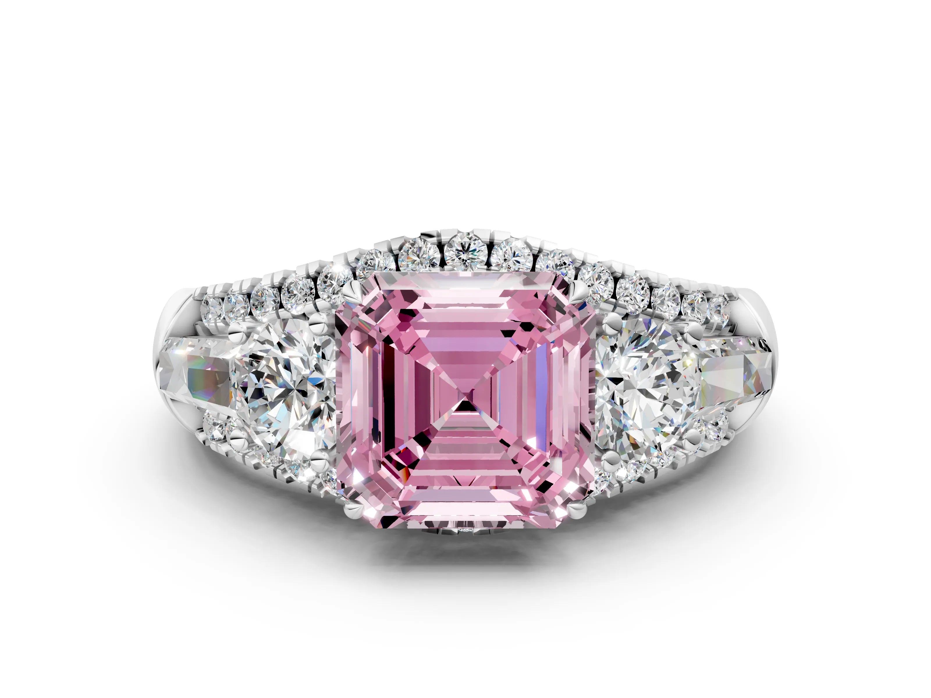 White gold Three-Stone Fancy Pink Asscher Cut Diamond Engagement Ring with Pave Band and Prong Setting_18