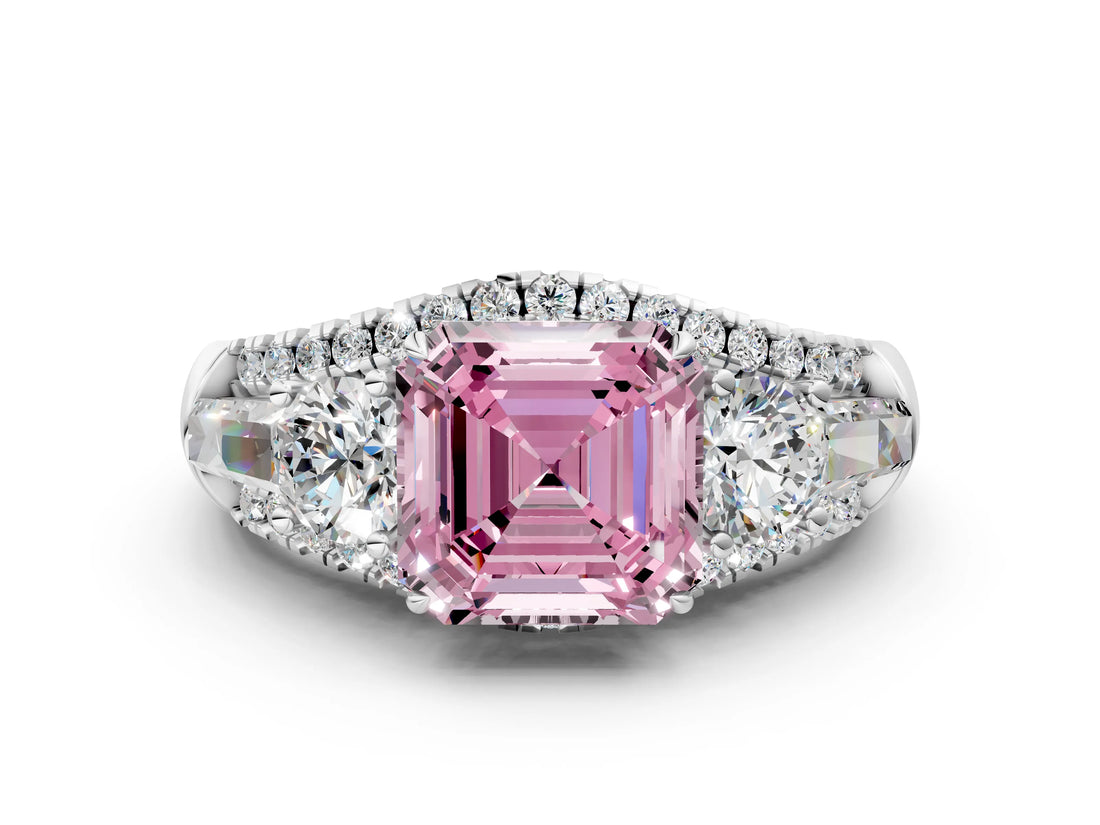 White gold Three-Stone Fancy Pink Asscher Cut Diamond Engagement Ring with Pave Band and Prong Setting_18
