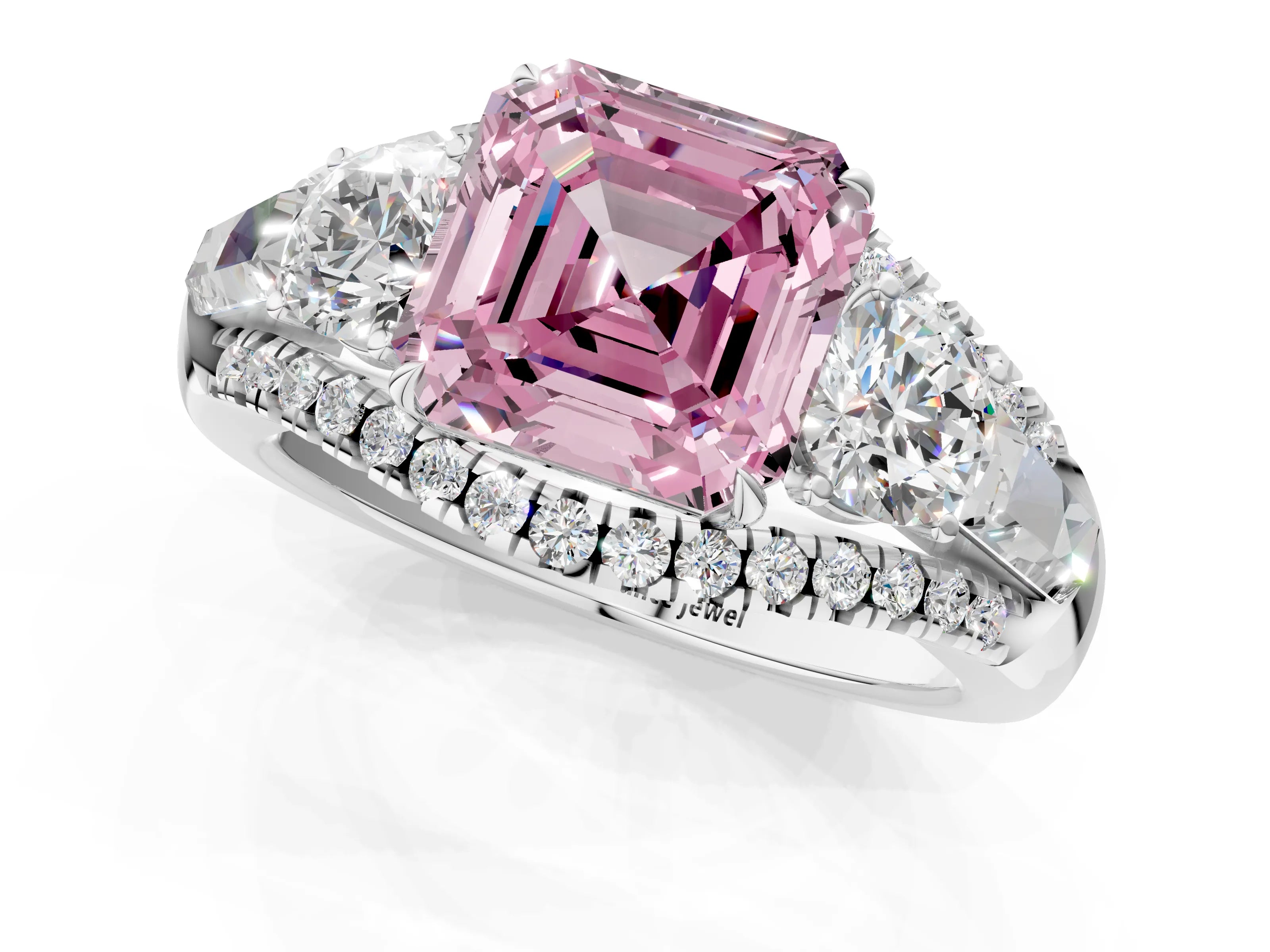 White gold Three-Stone Fancy Pink Asscher Cut Diamond Engagement Ring with Pave Band and Prong Setting_1