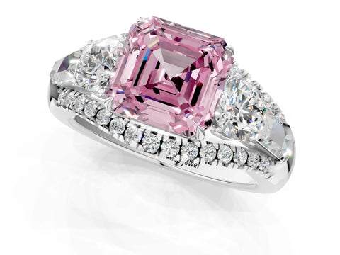 White gold Three-Stone Fancy Pink Asscher Cut Diamond Engagement Ring with Pave Band and Prong Setting_1