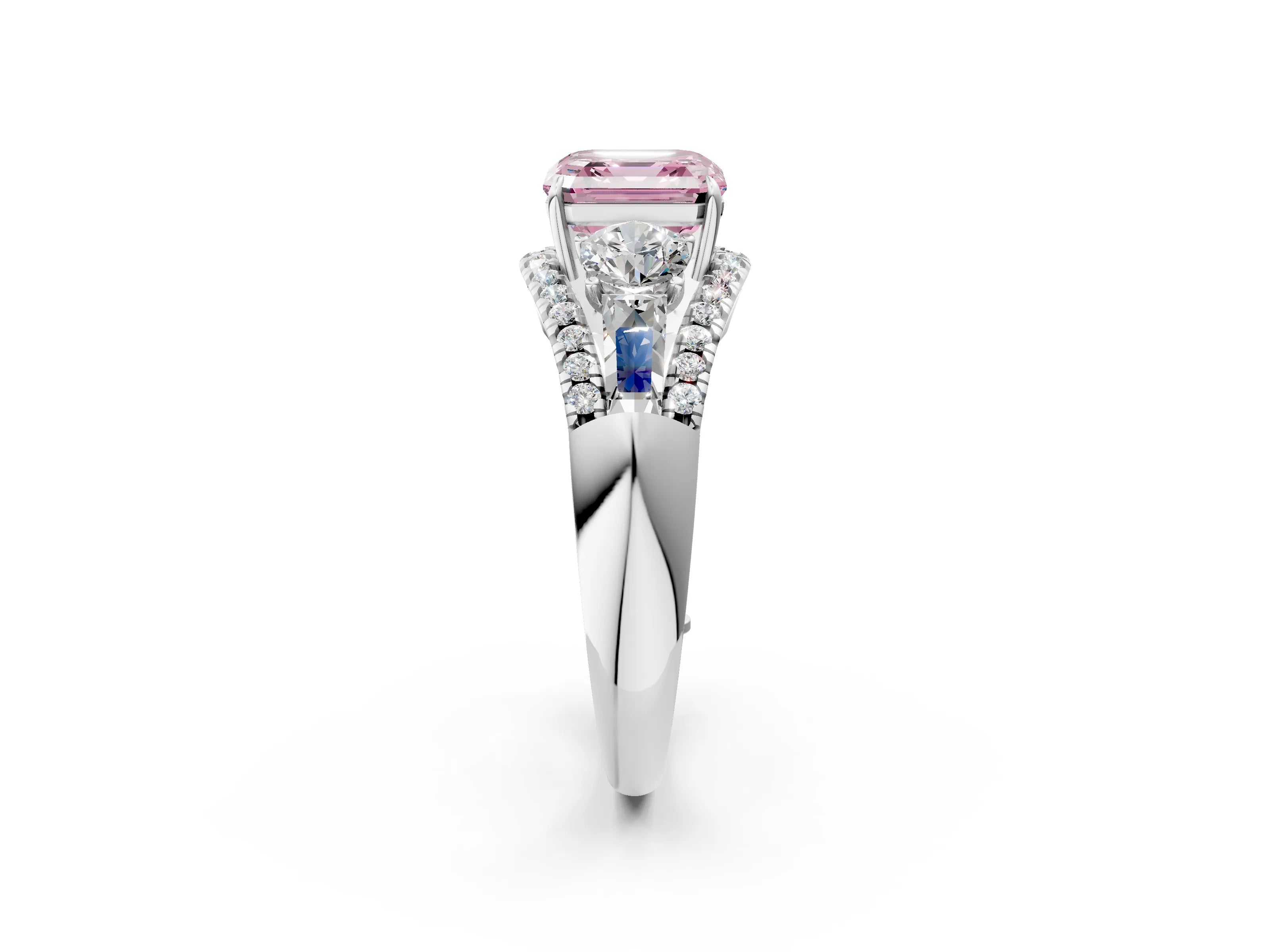 White gold Three-Stone Fancy Pink Asscher Cut Diamond Engagement Ring with Pave Band and Prong Setting_2
