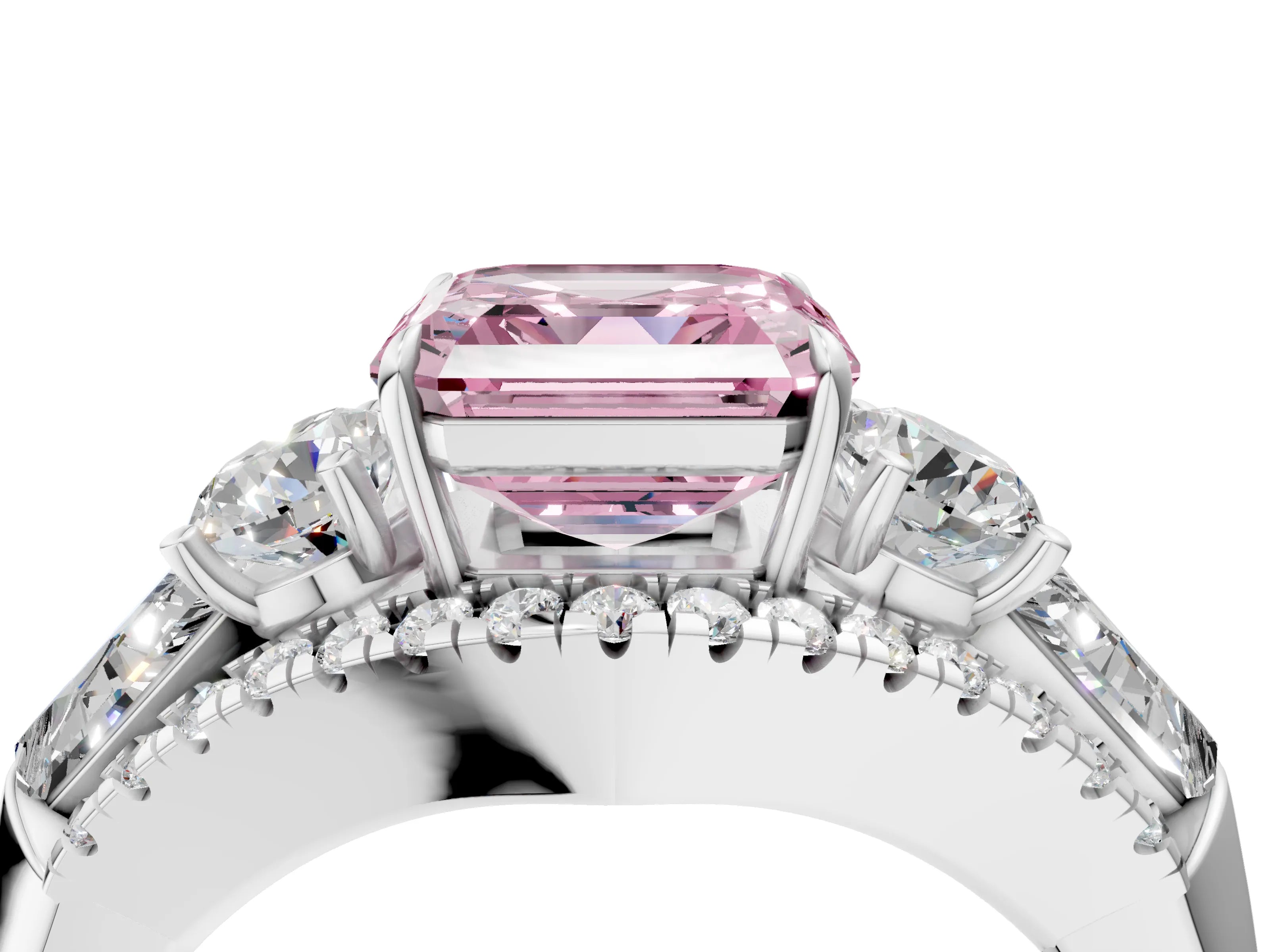 White gold Three-Stone Fancy Pink Asscher Cut Diamond Engagement Ring with Pave Band and Prong Setting_22