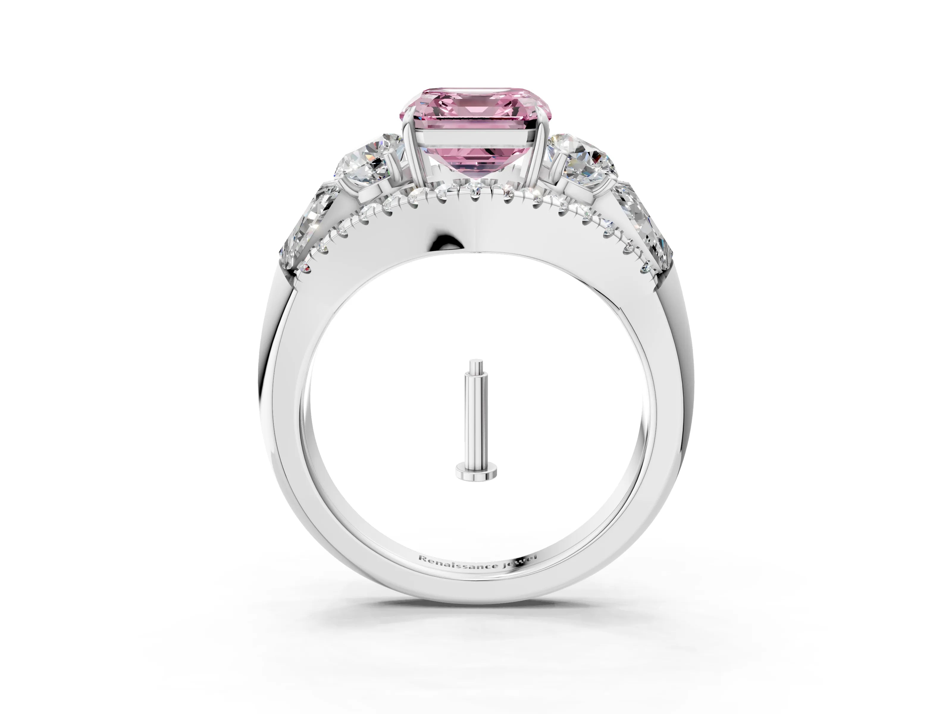 White gold Three-Stone Fancy Pink Asscher Cut Diamond Engagement Ring with Pave Band and Prong Setting_3