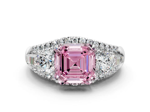 White gold Three-Stone Fancy Pink Asscher Cut Diamond Engagement Ring with Pave Band and Prong Setting