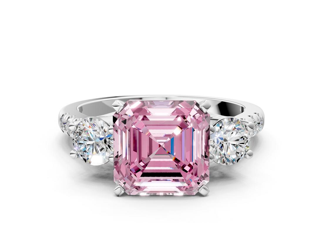 White gold Three-Stone Fancy Pink Asscher  Cut Diamond Pavé Band with Four-Prong Setting
