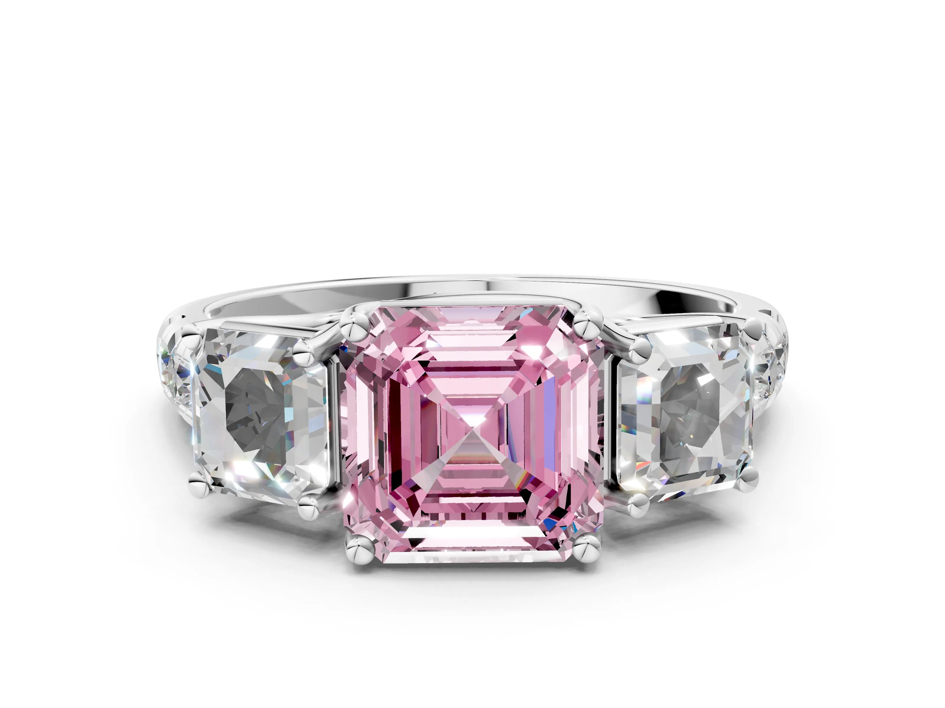 White gold Three-Stone Fancy Pink Asscher Cut Diamond Pavé Band with Prong Setting_12