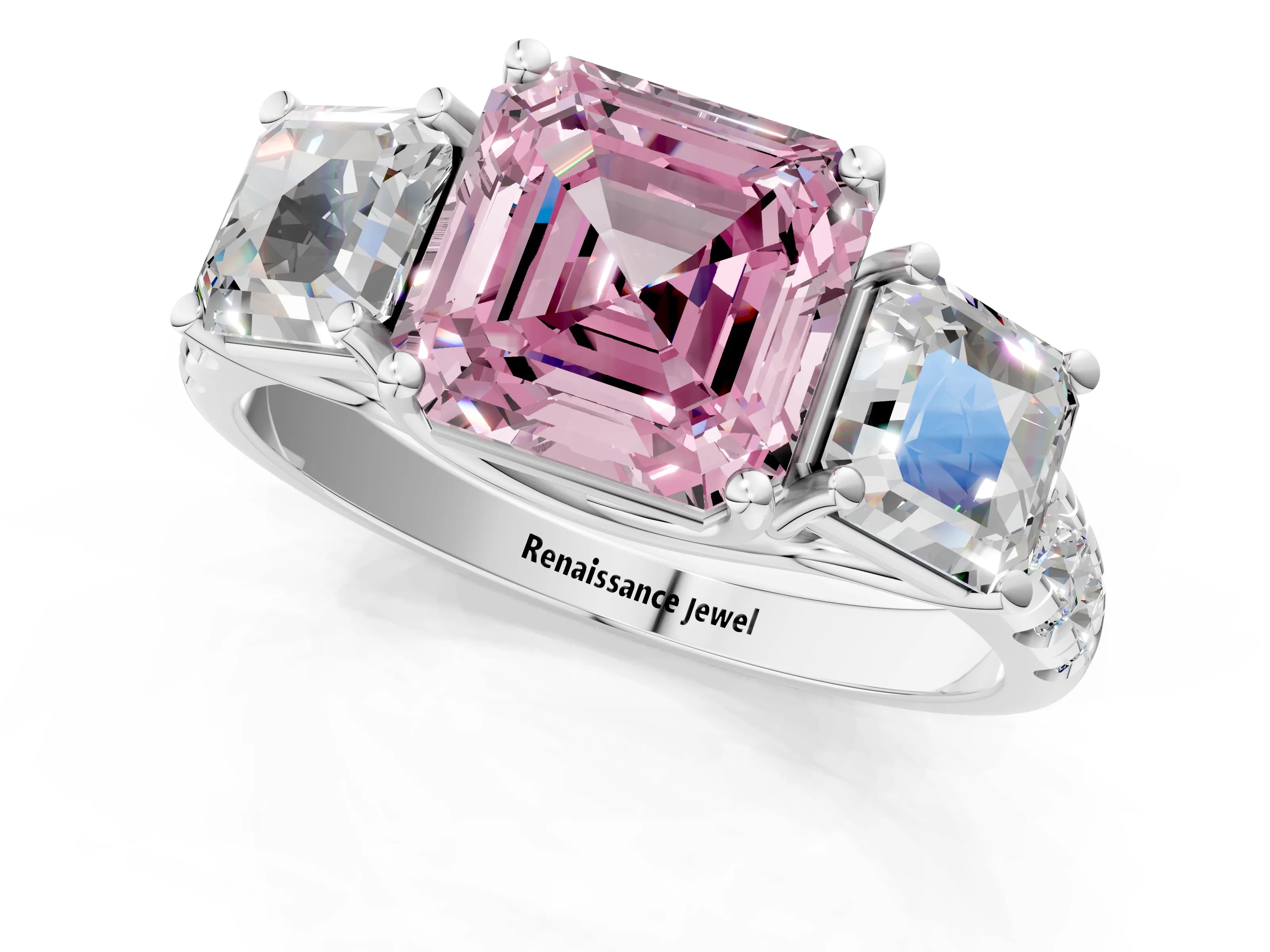 White gold Three-Stone Fancy Pink Asscher Cut Diamond Pavé Band with Prong Setting_13