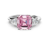 White gold Three-Stone Fancy Pink Asscher Cut Diamond Ring with Pear  Side Stones in Four-Prong Setting_12