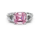 White gold Three-Stone Fancy Pink Asscher Cut Diamond Ring with Round  Pavé Band and Prong Setting_141