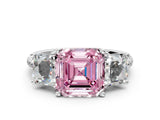 White gold Three-Stone Fancy Pink Asscher Cut Diamond Ring with Round  Pavé Band and Prong Setting_147