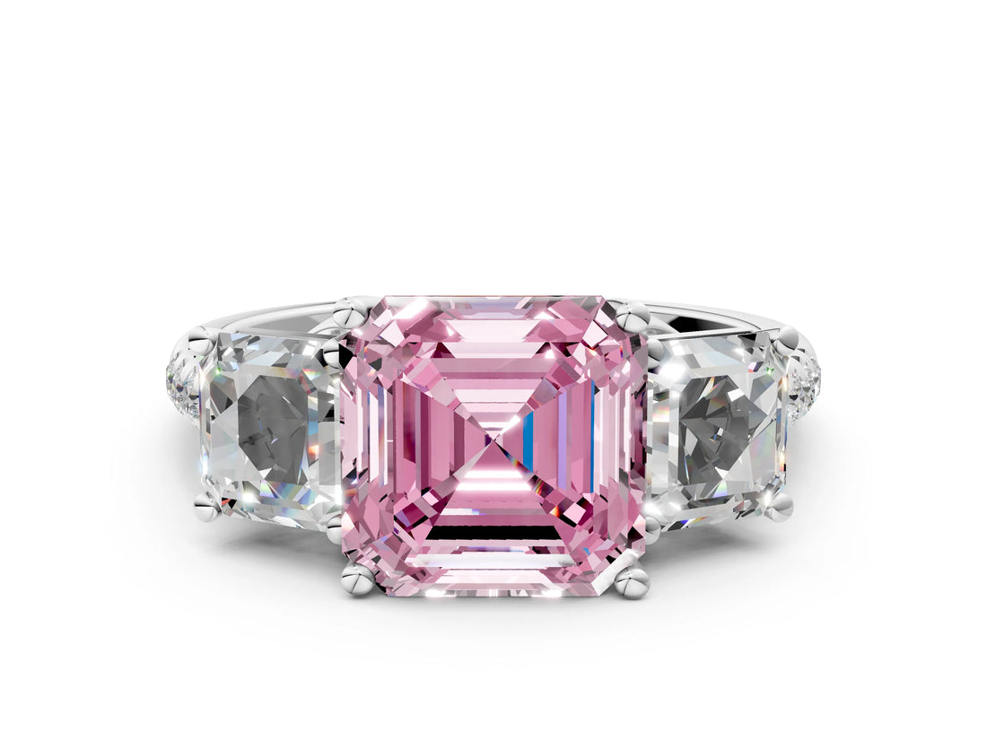 White gold Three-Stone Fancy Pink Asscher Cut Diamond Ring with Round  Pavé Band and Prong Setting_36