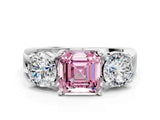White gold Three-Stone Fancy Pink Asscher Cut Diamond Ring with Round Side Stones, Classic Band, and Four-Prong Setting_12