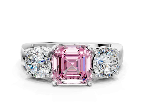 White gold Three-Stone Fancy Pink Asscher Cut Diamond Ring with Round Side Stones, Classic Band, and Four-Prong Setting_12