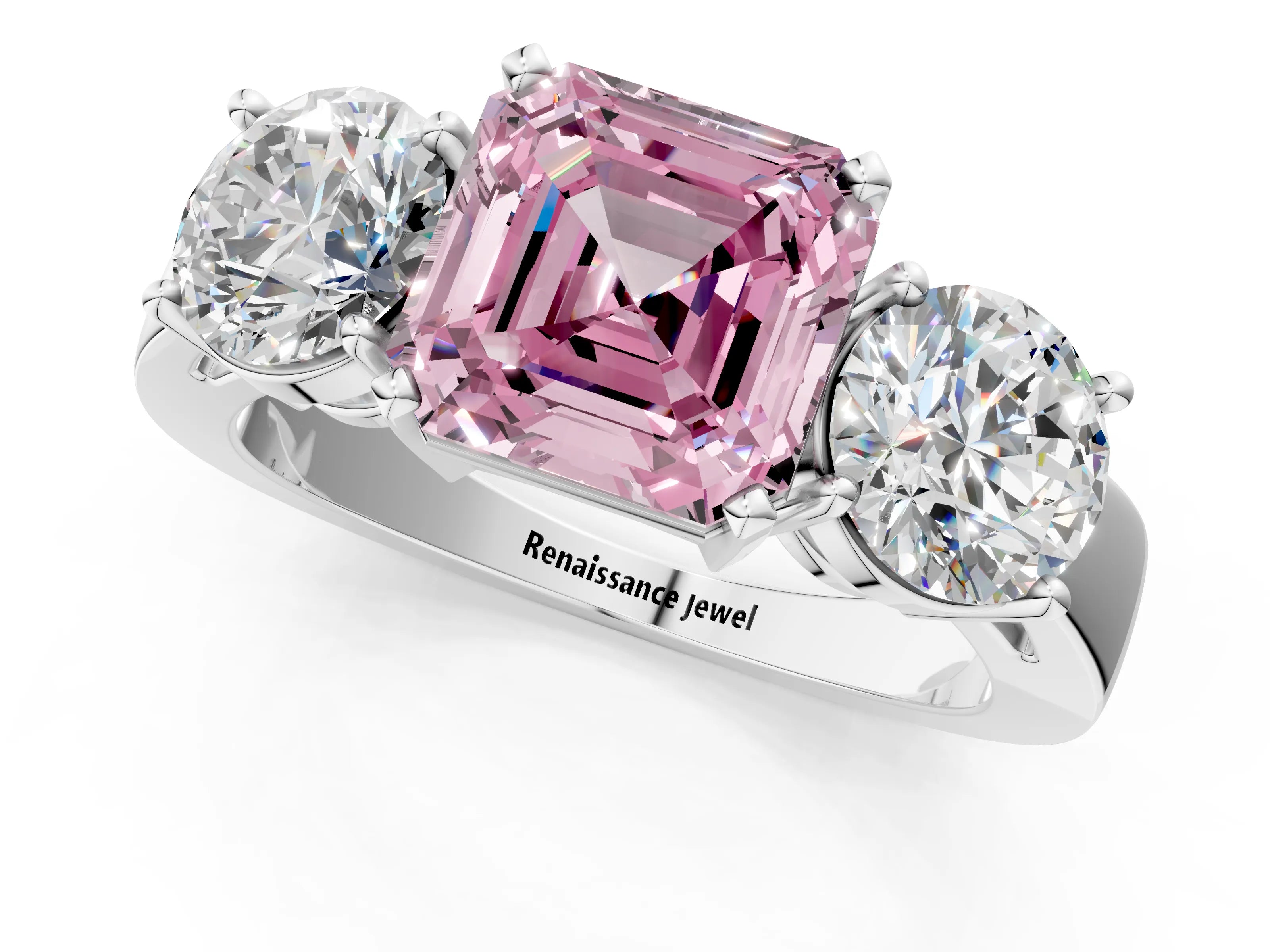 White gold Three-Stone Fancy Pink Asscher Cut Diamond Ring with Round Side Stones, Classic Band, and Four-Prong Setting_13