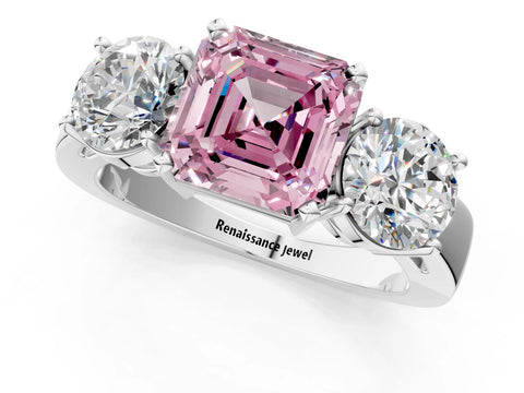 White gold Three-Stone Fancy Pink Asscher Cut Diamond Ring with Round Side Stones, Classic Band, and Four-Prong Setting_13
