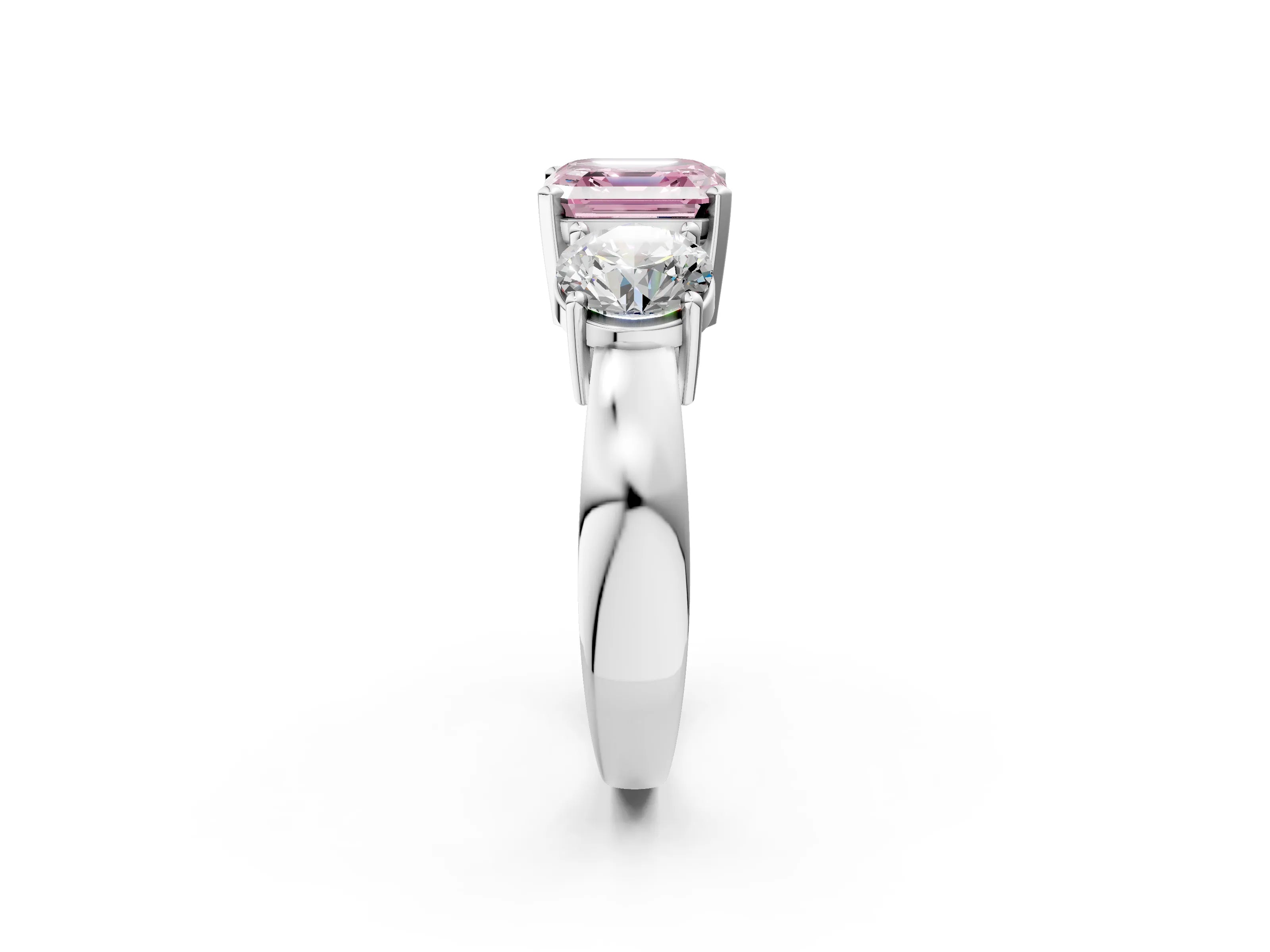 White gold Three-Stone Fancy Pink Asscher Cut Diamond Ring with Round Side Stones, Classic Band, and Four-Prong Setting_14