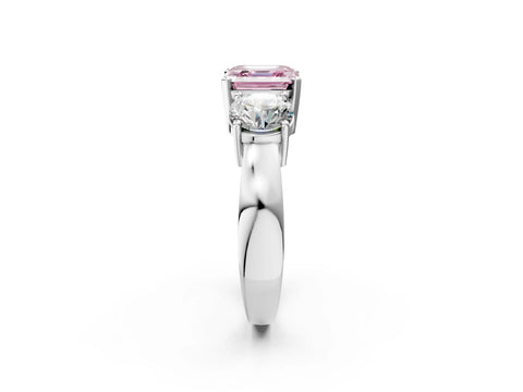 White gold Three-Stone Fancy Pink Asscher Cut Diamond Ring with Round Side Stones, Classic Band, and Four-Prong Setting_14
