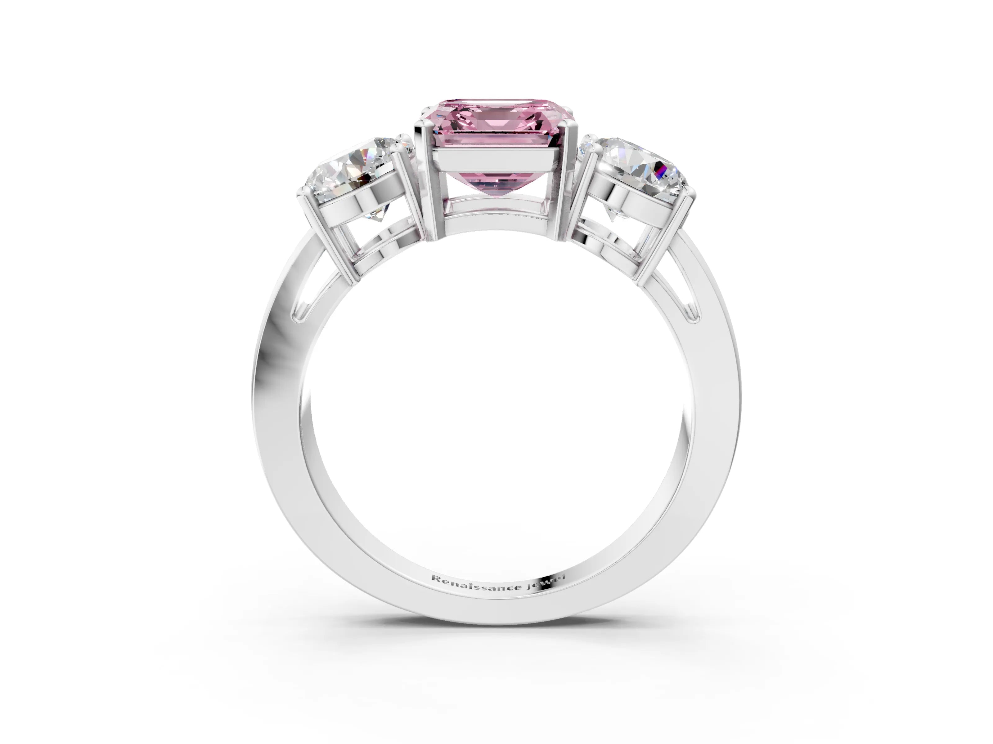 White gold Three-Stone Fancy Pink Asscher Cut Diamond Ring with Round Side Stones, Classic Band, and Four-Prong Setting_15