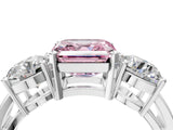 White gold Three-Stone Fancy Pink Asscher Cut Diamond Ring with Round Side Stones, Classic Band, and Four-Prong Setting_16